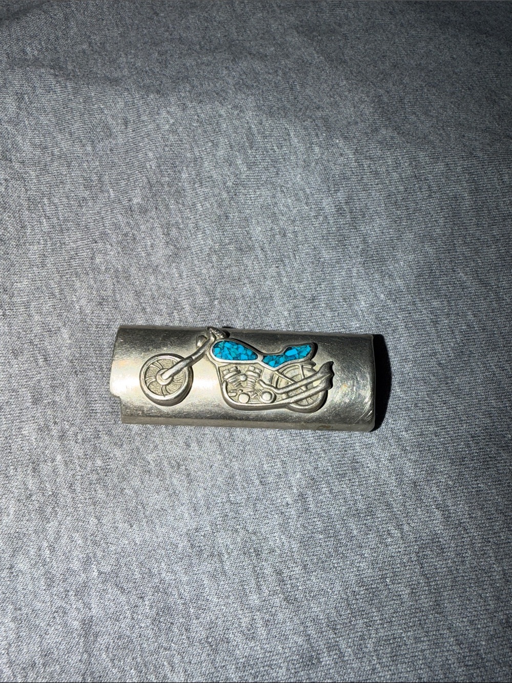 Silver Motorcycle Lighter Cover with Turquoise Accent - Unbranded